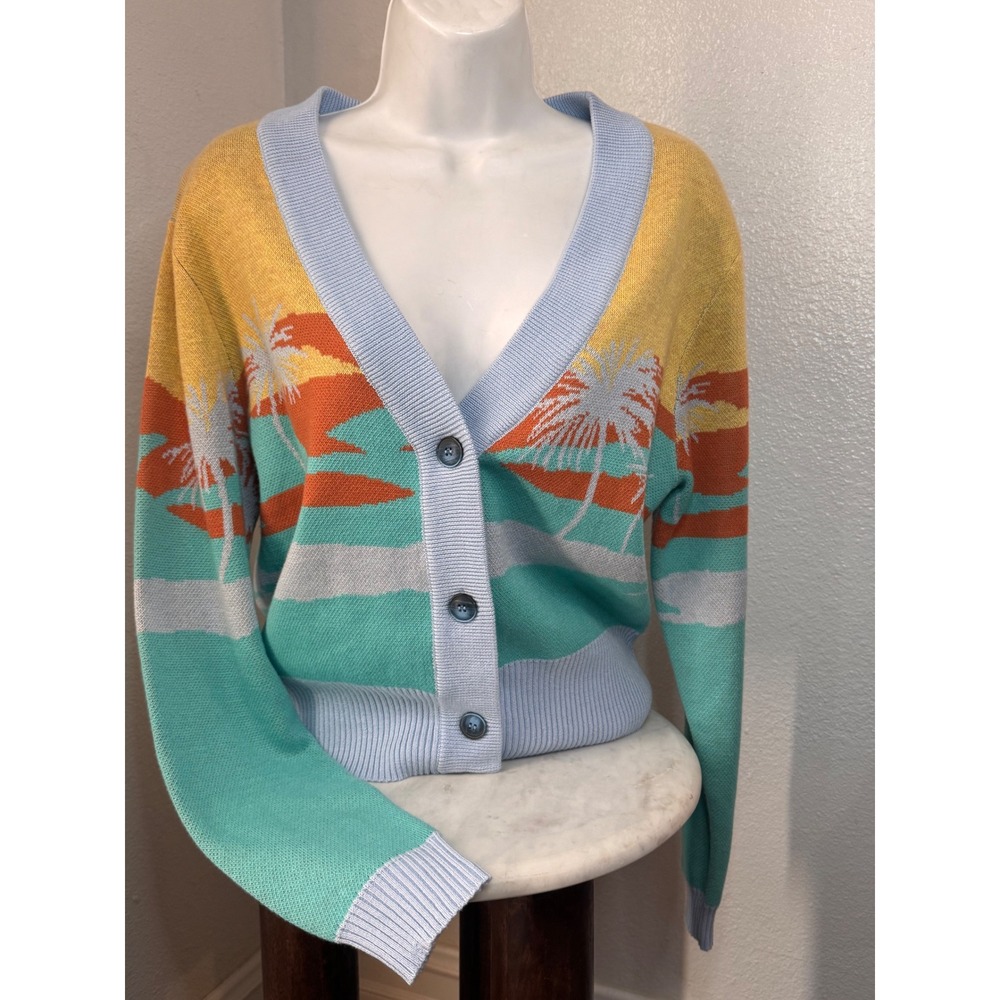 Greylin Coastal Grandma Retro Palm Tree  Intarsia Sunset Knit Cardigan Small
